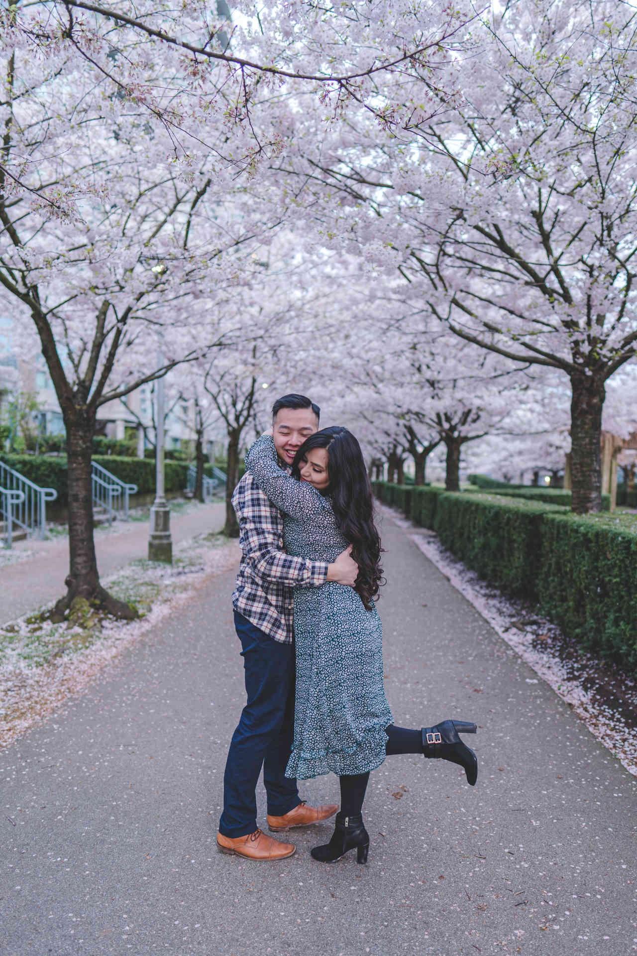 Burnaby Cherry Blossom Engagement Photoshoot at Cherry Blossom Garden with Rose & Hoang