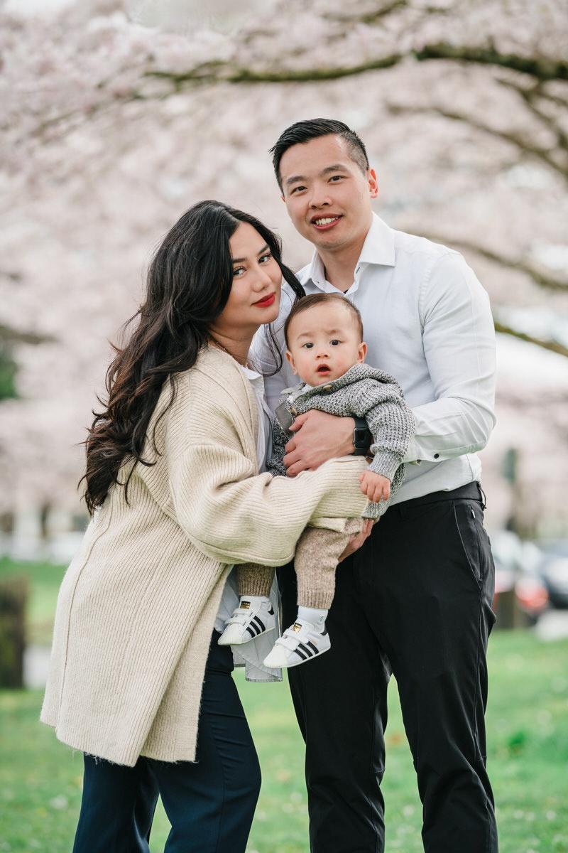 Cherry Blossom Family Photos at Garry Point Park, Richmond with Hoang & Rose