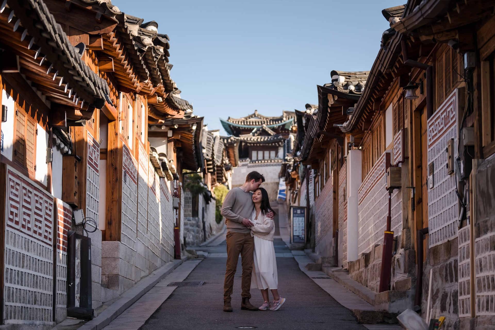 Seoul Korean Bukchon Hanbok Village Engagement Photoshoot with Alex & Rob