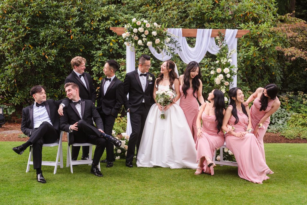Wedding party photo editorial style group photo.